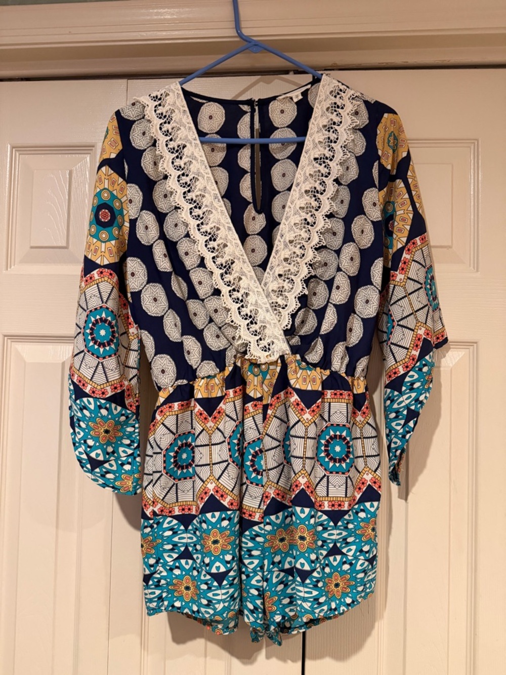 ILLA ILLA Navy and Cream Lace-Trim Printed Romper